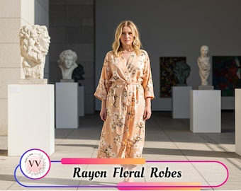 Bloemenprint rayon lang gewaad voor vrouwen bruid rayon gewaad bruiloftsfeest gewaad bruidsmeisje cadeau Lichtgewicht zomer kimono badjas huwelijksfeest cadeau