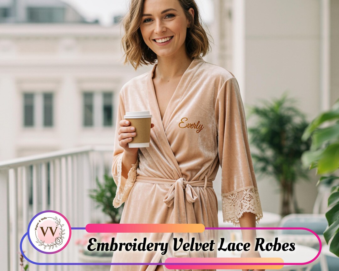 Embroidery Robe Custom Embroidery Velvet Lace Robe | Personalized Bridal Robe ...