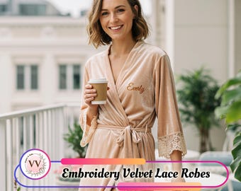 Custom Embroidery Velvet Lace Robe | Personalized Bridal Robe, Bridesmaid Party Wear, Brides Gifts Soft Cozy Velvet Loungewear, Gift for Her