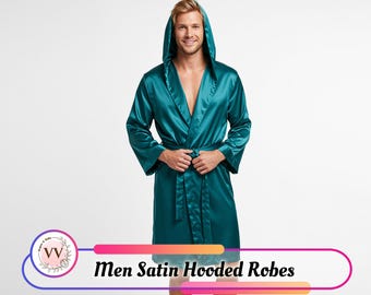 Personalized Men’s Satin Hooded Robe Custom Name Robe Loungewear for Him Groom and Groomsmen Gift Bridal Party Robes Custom Text & Logo