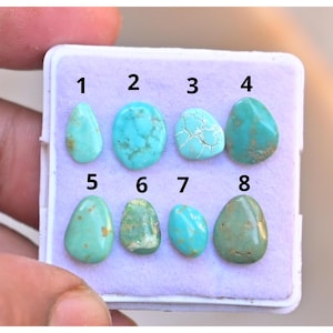 Puede incluir: Ocho piedras preciosas de turquesa de varias formas y tonos azul-verdosos se muestran en una bandeja blanca. Cada piedra está numerada del 1 al 8. Las piedras varían en color de azul claro a verde azulado intenso.