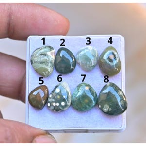 May include: Eight polished gemstones of various colors, including green, brown, and white, are displayed in a white tray. The stones have smooth, rounded shapes and unique patterns. The gemstones are numbered 1 through 8.