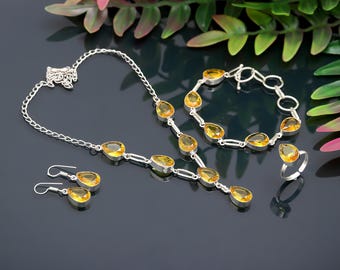 Handmade 925 Sterling Silver Citrine Jewellery Sets Pear Shape Gemstone Necklace, Bracelet, Ring, Earrings