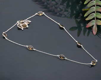Handmade 36 Inch Sterling Silver Smoky Quartz Chain Necklace