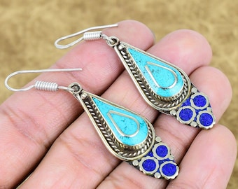 Tibetan Turquoise, Lapis lazuli Earring Handmade 925 Sterling Silver Bohemian Ear Wire Nepali Jewelry