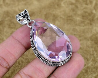 Handmade 925 Sterling Silver Pink Kunzite Pendant Pear Shape Gemstone Vintage Jewelry
