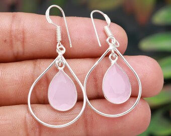 Handmade 925 Sterling Silver Pink Chalcedony Earring Pink Colour Pear Shape Gemstone Bezel Jewelry