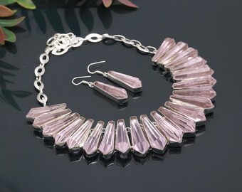 Rosa Kunzit Halskette mit Ohrring 925 Sterlingsilber-Bleistift-Edelstein-verstellbare Kette Schmuck