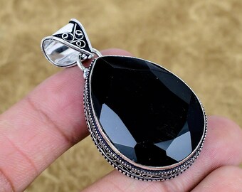 Handmade 925 Sterling Silver Black Spinel Pendant Pear Shape Gemstone Vintage Jewelry