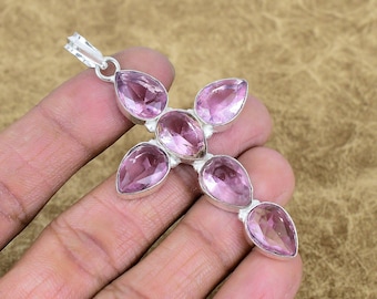 Faceted Pink Kunzite Cross Pendant Handmade 925 Sterling Silver Pear Shape Gemstone Jewelry