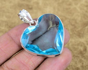 Handmade Swiss Blue Topaz 925 Sterling Silver Pendant Blue Colour Heart Shape Gemstone Jewelry