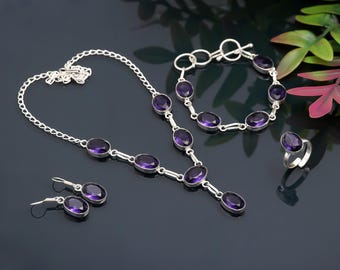 Handmade 925 Sterling Silver African Amethyst Jewelry Set, Oval