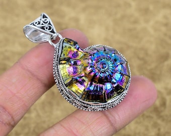 Handmade 925 Sterling Silver Ammolite Fossil Pendant Gemstone Vintage Jewelry