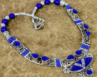 Collar de lapislázuli hecho a mano en plata de ley 925, joyería vintage tibetana nepalí.