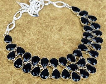 Handmade Black Spinel Necklace: 925 Sterling Silver Pear Cut Shape Gemstone Adjustable Chain Jewelry