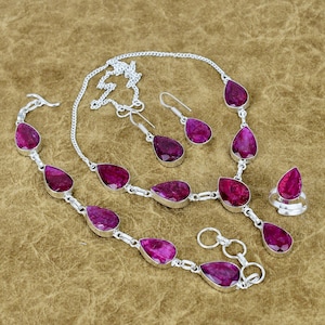 Faceted Kashmiri Ruby Jewelry Set: Handmade 925 Sterling Silver Pear Necklace, Bracelet, Ring, Earrings