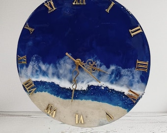 Handgemachte Resin Uhr | Blaue Meereskunst-Uhr | Küsten Wohnkultur | Wandkunst