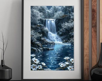 Green Waterfall Landscape Art Print: Calming Nature Forest Wall Decor (Digital Download)