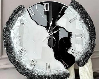 Yin Yang Resin Wall Clock, Black and White Marble Effect, Handmade Geode Decor