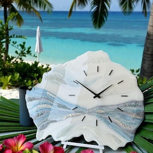 Puede incluir: Un reloj de pared abstracto con diseño blanco, azul y plateado. El reloj tiene manecillas e indicadores de hora negros. Se muestra sobre un soporte blanco. El fondo muestra una escena de playa. La forma del reloj es irregular.