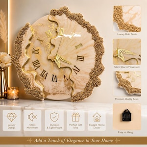 May include: A round wall clock featuring a cream and gold marbled resin face with Roman numerals and gold-toned hands. The edges are textured with gold-colored granular accents. The clock includes a silent quartz movement mechanism and a rear mounting bracket for hanging. The design incorporates a luxury gold finish and premium resin materials.