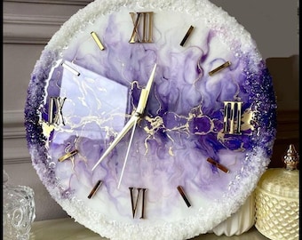 Resin Clock, Purple Marble Epoxy with Crystal Edge and Roman Numerals