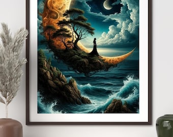Moonlit Seascape Art Print | Modern Coastal Wall Decor (Digital Download)