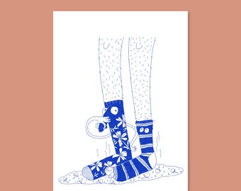 May include: A whimsical illustration of two legs wearing blue socks with cartoon faces and floral and striped patterns. The image includes the text "AVAILABLE IN DIFFERENT SIZES AND ASPECT RATIOS" at the top.