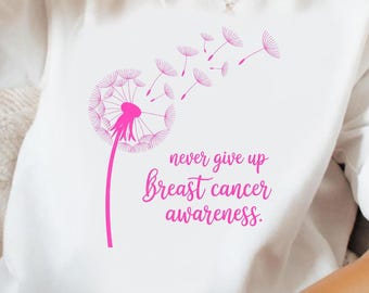 Pink Dandelion Breast Cancer Awareness PNG: Never Give Up Quote (Digital Download)