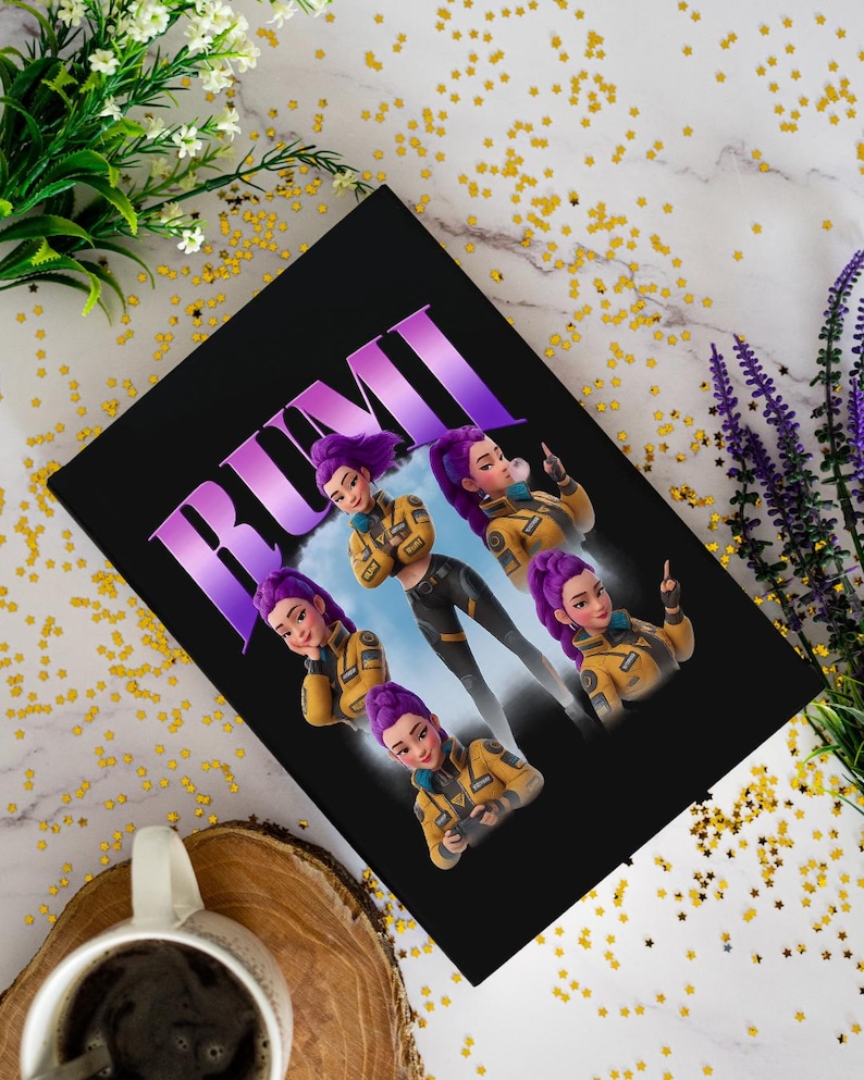 May include: Black notebook featuring the name "RUMI" in large purple letters. The notebook's design includes multiple images of a woman with purple hair wearing a yellow jacket and black pants. The background is a light blue sky.
