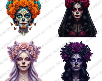 Floral La Catrina Clipart Bundle 4 PNGs Day of the Dead Sugar Skull Women Dia de los Muertos Mexican Sugar Skull, Transparent
