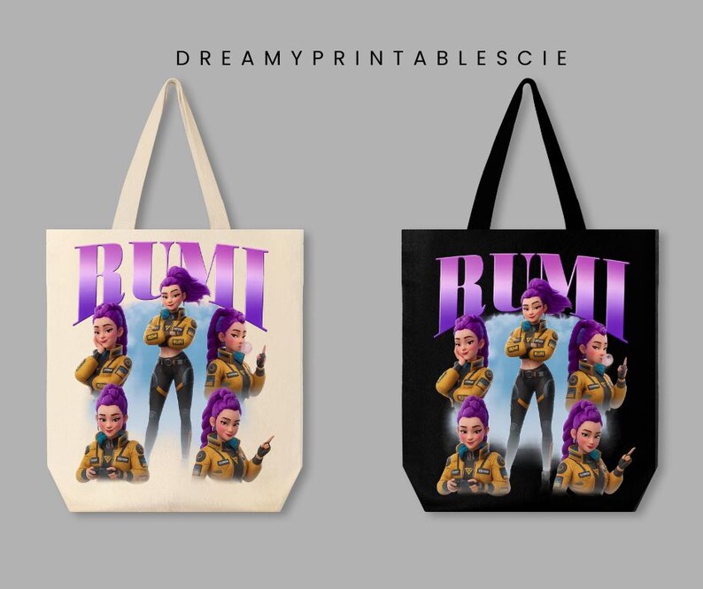May include: Two tote bags, one cream and one black, each featuring a design with the name "RUMI" in purple letters. The design includes a cartoon illustration of a woman with purple hair in a yellow jacket.
