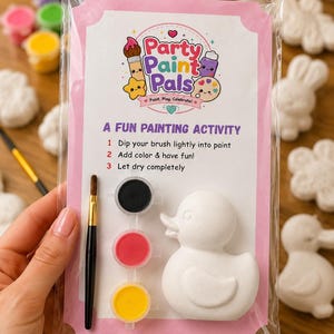 Peut inclure: Un kit d'activité Party Paint Pals dans un sachet plastique transparent à bordure rose. Il comprend une figurine de canard en mousse blanche, un pinceau noir et trois petits pots de peinture noir, rouge et jaune. La carte inclut des instructions.