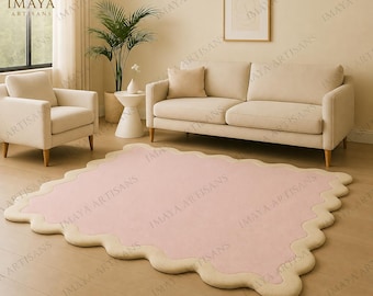 pink wavy Edge Rug-Cute Scalloped Area Rug-Aesthetic Home decor Accent