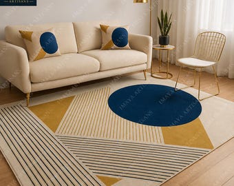 Modern Geometric Area Carpet Navy Blue Mustard Gold Rug