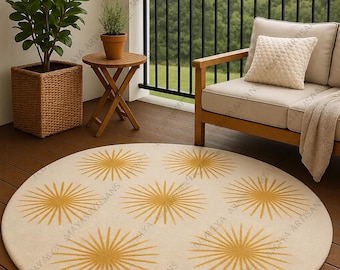 Golden Sunburst Round Rug – Modern Minimalist Cream and Mustard Design Rug