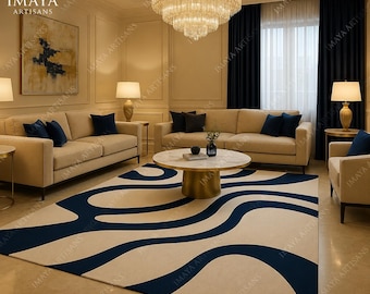 Contemporary Flow Line Rug-Artistic Navy on Beige