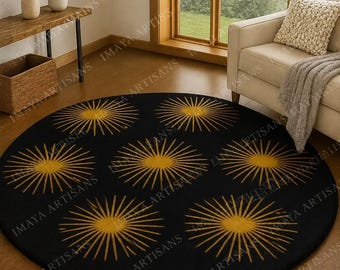 Black Round Rug: Golden Starburst Design Accent Carpet