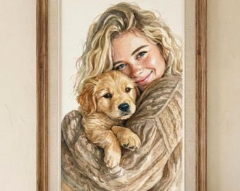 Kundenspezifisches Aquarell Hunde-Hunde-u. Besitzer-Porträt, personalisierte Familienkunst