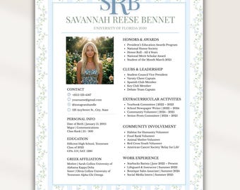 Sorority Resume Template, Editable PNM Rush Resume & Cover Letter, Canva Greek Recruitment Pack, Floral Blue Monogram