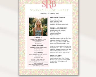 Plantilla de currículum para hermandad con diseño floral y foto / Currículum y carta de presentación editables para aspirantes / Plantilla de Canva / Rosa y verde / Descarga instantánea