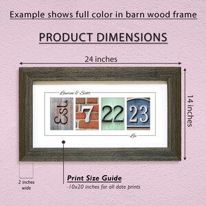 May include: A framed print with a rustic wood frame, featuring a personalized date design with the text "Est. 7 22 23" and the names "Lauren & Scott". The print measures 10x20 inches and is displayed on a pink background with the dimensions of the frame, 24 inches wide and 14 inches high.