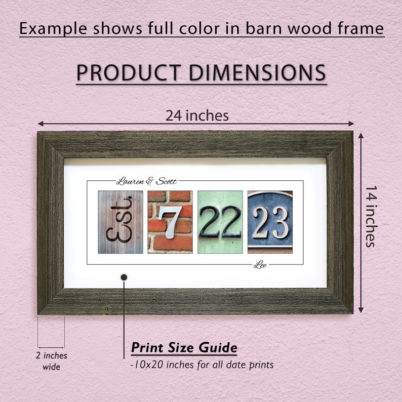 May include: A framed print with a rustic wood frame, featuring a personalized date design with the text "Est. 7 22 23" and the names "Lauren & Scott". The print measures 10x20 inches and is displayed on a pink background with the dimensions of the frame, 24 inches wide and 14 inches high.