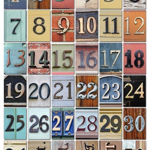 May include: A collage of 36 vintage-style house numbers, each with a unique background and font. The numbers range from 1 to 31, with the last two squares reading "Est." and "78".