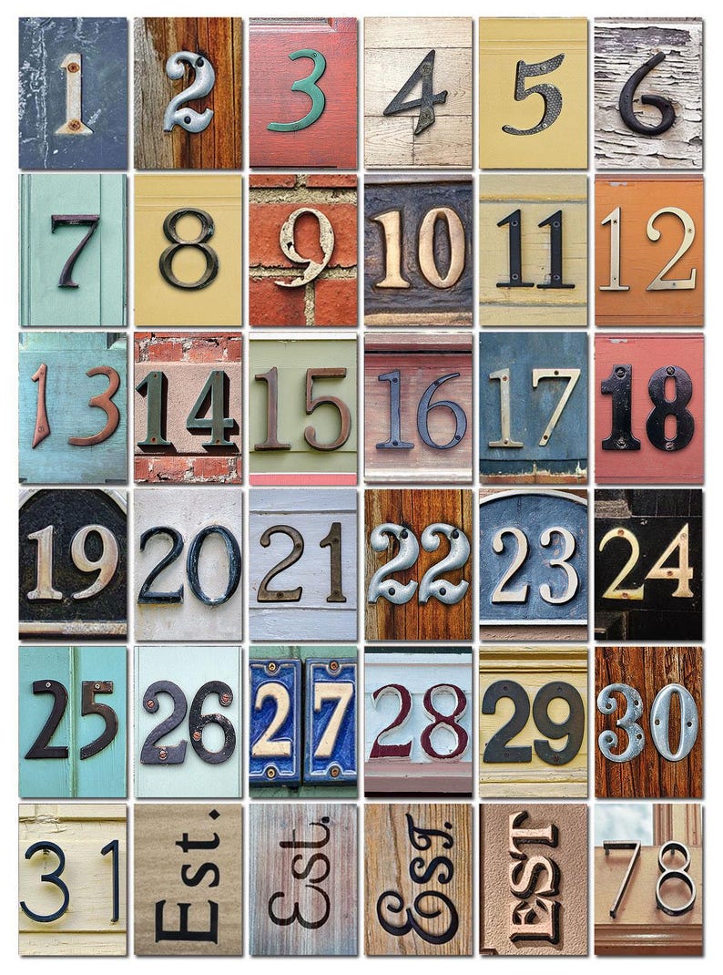 May include: A collage of 36 vintage-style house numbers, each with a unique background and font. The numbers range from 1 to 31, with the last two squares reading "Est." and "78".