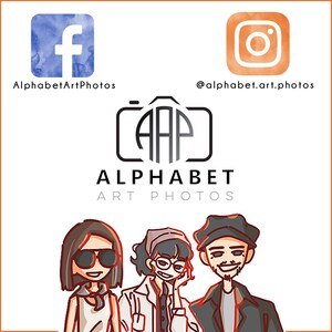 May include: A logo for Alphabet Art Photos, a photography business. The logo features a camera with the letters "APP" inside a circle. The text "Alphabet Art Photos" is below the camera. There are three cartoon people below the logo. The people are wearing sunglasses, a hat, and a beanie.