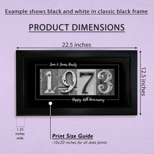 May include: Black and white framed print with the year 1973 in large metal numbers, the text "Jare & James Hardy" and "Happy 50th Anniversary". The print measures 22.5 inches wide and 12.5 inches high. The print size is 10x20 inches.