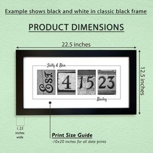 May include: Black and white framed print with the text "Sally & Ben" and the numbers "EST 4 15 23" and the text "Bailey". The print is 22.5 inches wide and 12.5 inches tall. The print size is 10x20 inches.