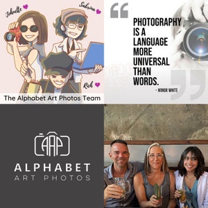 May include: A team of three people, Johnette, Sabrina, and Rich, are shown in a cartoon illustration. They are holding cameras and a laptop. The text "The Alphabet Art Photos Team" is below the illustration. The team's logo is shown below the text. The logo is a camera with the letters "AAP" inside. The text "ALPHABET ART PHOTOS" is below the logo. The quote "PHOTOGRAPHY IS A LANGUAGE MORE UNIVERSAL THAN WORDS. - MINOR WHITE" is shown in the upper right corner of the image. A photo of three people is shown in the lower right corner of the image.