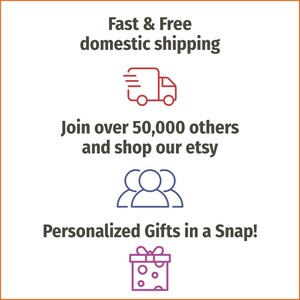 May include: Illustration of a delivery truck, three people, and a gift box with a bow. Text reads: "Fast & Free domestic shipping. Join over 50,000 others and shop our etsy. Personalized Gifts in a Snap!"